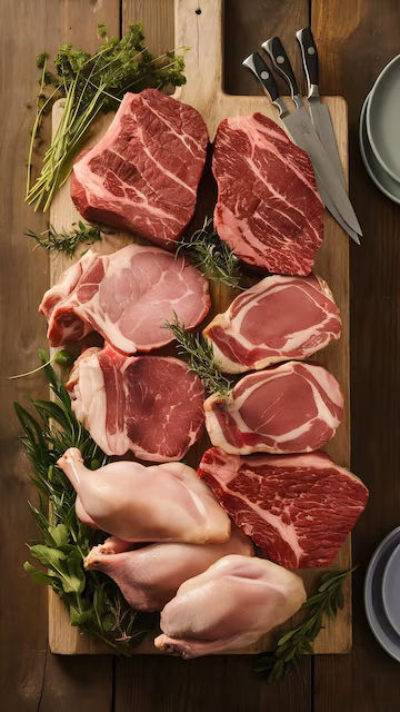Fresh meat cuts on a wooden board
